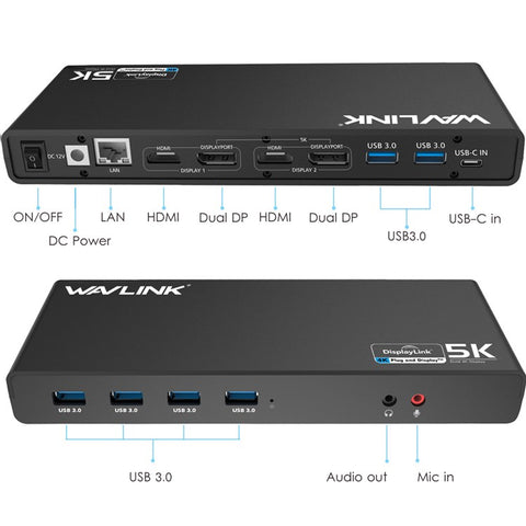 WAVLINK UG69DK1 15 in 1 5K Dual 4K HD Multiple-Display Dock USB-C Docking Station with HD / DisplayPort / Gigabit Ethernet / USB 3.0 / Type C / Audio