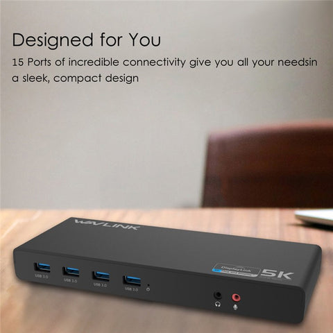 WAVLINK UG69DK1 15 in 1 5K Dual 4K HD Multiple-Display Dock USB-C Docking Station with HD / DisplayPort / Gigabit Ethernet / USB 3.0 / Type C / Audio