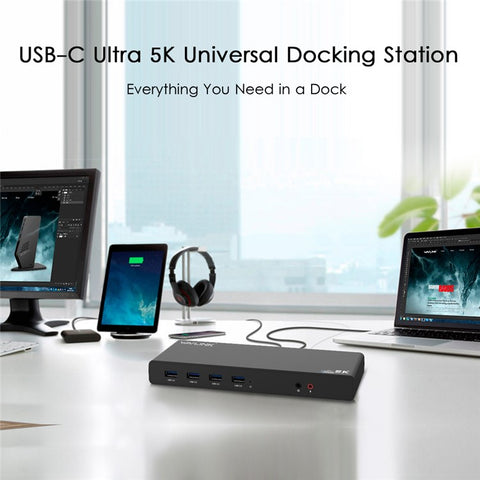 WAVLINK UG69DK1 15 in 1 5K Dual 4K HD Multiple-Display Dock USB-C Docking Station with HD / DisplayPort / Gigabit Ethernet / USB 3.0 / Type C / Audio