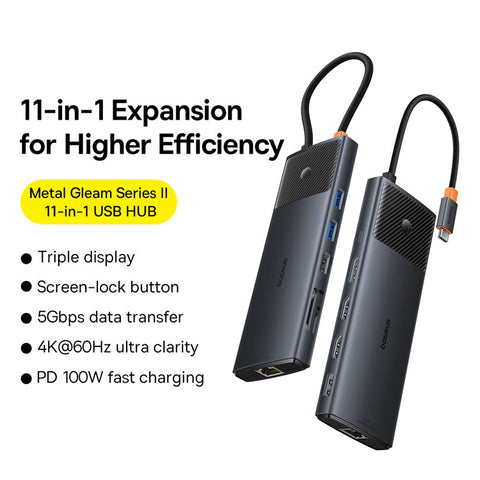 BASEUS Metal Gleam Series II 11-in-1 Triple Display USB HUB Adapter Portable Type-C Docking Station, Black