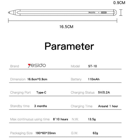 YESIDO ST10 110mAh Active Stylus Pen Aluminum Alloy Stylus Universal Compatible Dual System