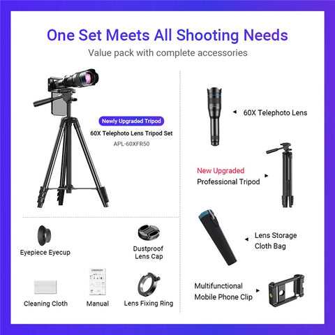 APEXEL APL-60XFR50 60X Telephoto Lens Tripod Set Multi-Layer Coated HD 50mm Phone Monocular for Birds Watching, Concert