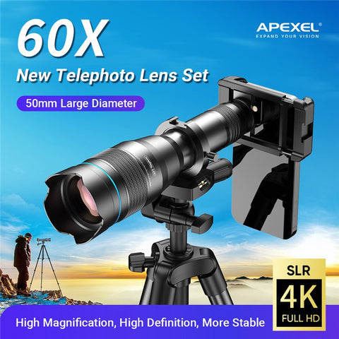 APEXEL APL-60XFR50 60X Telephoto Lens Tripod Set Multi-Layer Coated HD 50mm Phone Monocular for Birds Watching, Concert