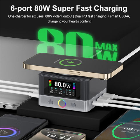 RELIFE Q7 6-Port 80W Intelligent Charger with LCD Screen Power Distribution for Electronic Devices