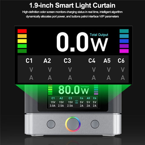 RELIFE Q7 6-Port 80W Intelligent Charger with LCD Screen Power Distribution for Electronic Devices