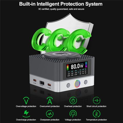 RELIFE Q7 6-Port 80W Intelligent Charger with LCD Screen Power Distribution for Electronic Devices