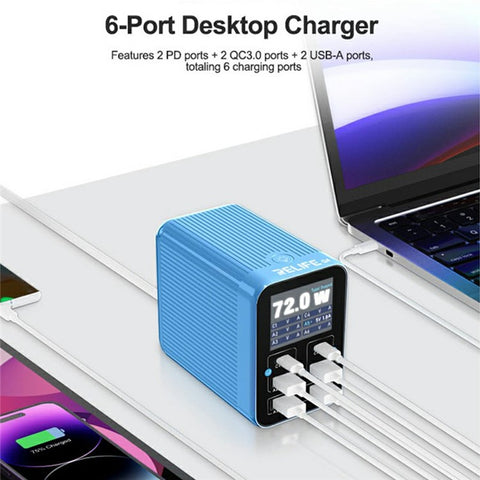 RELIFE Q4 Smart 6-Port Fast Charger 72W Dual PD  /  Dual QC TFT HD Color Screen Smart Sleep Mode For Home  /  Office Use