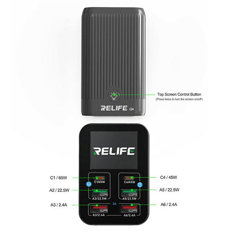 RELIFE Q4 Smart 6-Port Fast Charger 72W Dual PD  /  Dual QC TFT HD Color Screen Smart Sleep Mode For Home  /  Office Use