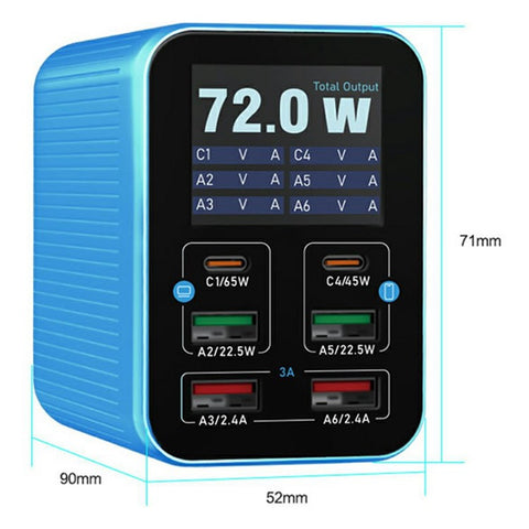 RELIFE Q4 Smart 6-Port Fast Charger 72W Dual PD  /  Dual QC TFT HD Color Screen Smart Sleep Mode For Home  /  Office Use
