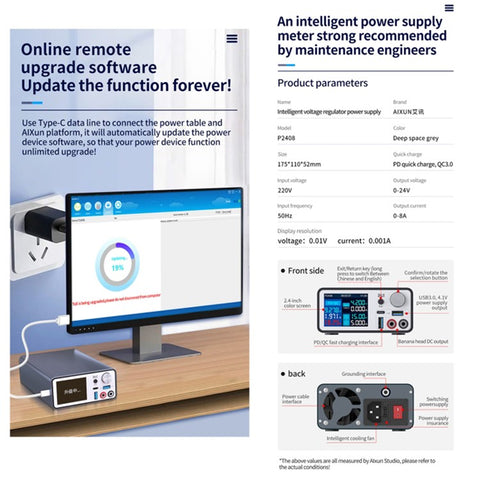 AIXUN P2408 Intelligent Stabilized Power Supply for iPhone Android Fast Charge Detection DC Adjustable 24V / 8A