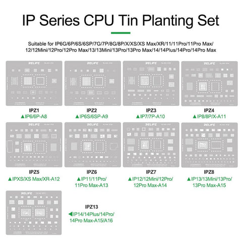 RELIFE RL-044 12Pcs IP Series CPU Integrated Steel Mesh Set iPhone 6-17 Series CPU Tin Planting Kit