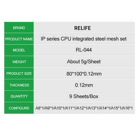 RELIFE RL-044 12Pcs IP Series CPU Integrated Steel Mesh Set iPhone 6-17 Series CPU Tin Planting Kit