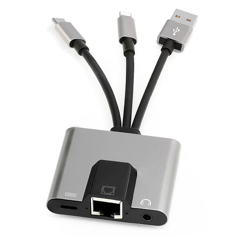 NK-1056S iP  /  USB-A  /  Type-C 3-in-1 Ethernet Adapter with 3.5mm Audio Jack for Windows / Mac OS / Phone / Pad