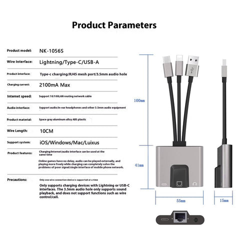 NK-1056S iP  /  USB-A  /  Type-C 3-in-1 Ethernet Adapter with 3.5mm Audio Jack for Windows / Mac OS / Phone / Pad