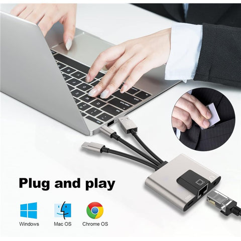 NK-1056S iP  /  USB-A  /  Type-C 3-in-1 Ethernet Adapter with 3.5mm Audio Jack for Windows / Mac OS / Phone / Pad