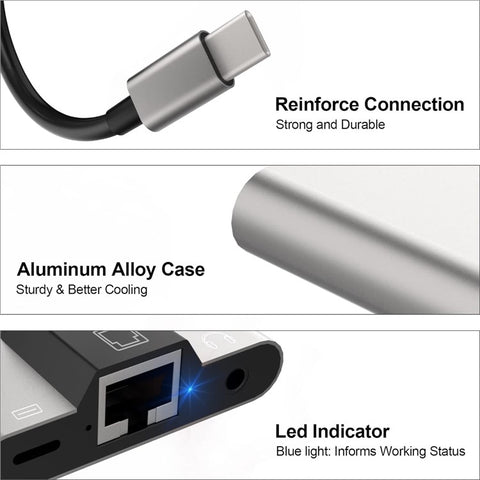 NK-1056S iP  /  USB-A  /  Type-C 3-in-1 Ethernet Adapter with 3.5mm Audio Jack for Windows / Mac OS / Phone / Pad