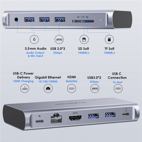 LENTION D54HEACR Multi-Port Docking Station Portable Mini USB Hub Type-C to 5 USB3.0+HD(4K/60Hz)+RJ45 +Memory&TF +3.5mm Audio+PD3.0 with USB-C to USB-C PD 100W Data Cable