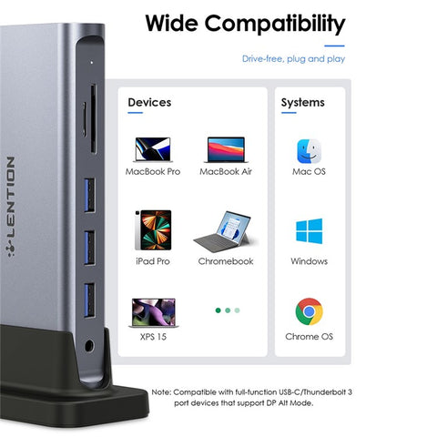 LENTION D54HEACR Multi-Port Docking Station Portable Mini USB Hub Type-C to 5 USB3.0+HD(4K/60Hz)+RJ45 +Memory&TF +3.5mm Audio+PD3.0 with USB-C to USB-C PD 100W Data Cable