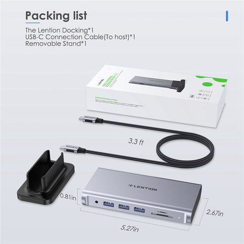 LENTION D54HEACR Multi-Port Docking Station Portable Mini USB Hub Type-C to 5 USB3.0+HD(4K/60Hz)+RJ45 +Memory&TF +3.5mm Audio+PD3.0 with USB-C to USB-C PD 100W Data Cable