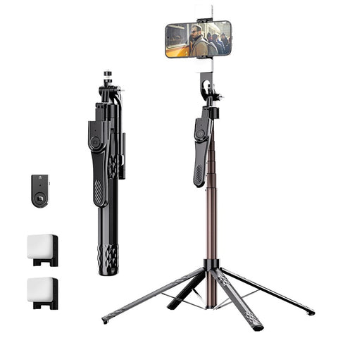 C11 1.85m Extendable Four-Legged Floor Stand Phone Holder Bluetooth-compatible Selfie Stick with 2 Fill Lights