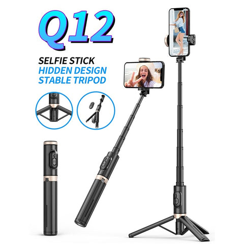 Q12 Phone Holder Extendable Tripod Aluminium Alloy Pole Selfie Stick with Bluetooth-compatible Shutter