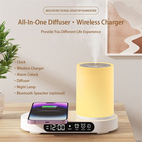 T32 Aroma Air Humidifier Night Light Bluetooth-compatible Speaker Digital Clock Phone Wireless Charger