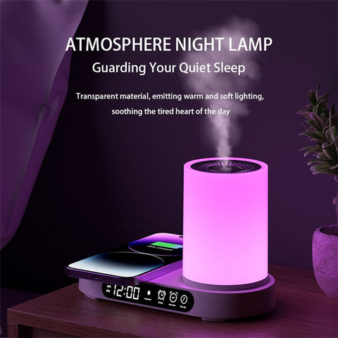 T32 Aroma Air Humidifier Night Light Bluetooth-compatible Speaker Digital Clock Phone Wireless Charger