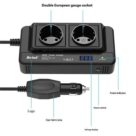 MEIND M8300 24V to 220V High Power 200W Car Inverter with Dual EU Power Socket + 4 USB Ports
