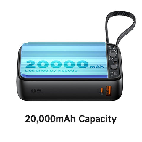 MCDODO MC-6370 MDD Freekit Series USB-C Cable Power Bank 20000mAh Digital Display 65W USB-A + USB-C Ports Phone Charger
