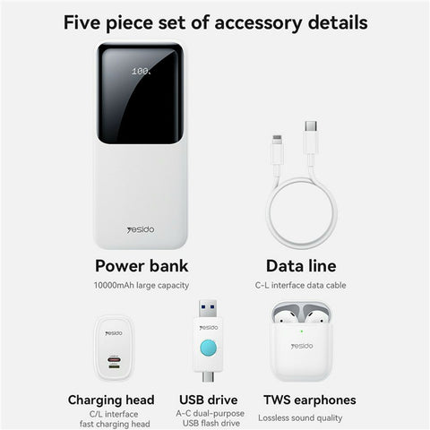 YESIDO CG10 5 in 1 10000mAh Power Band Set with TWS Earbuds / Wall Charger / Cable / USB Drive