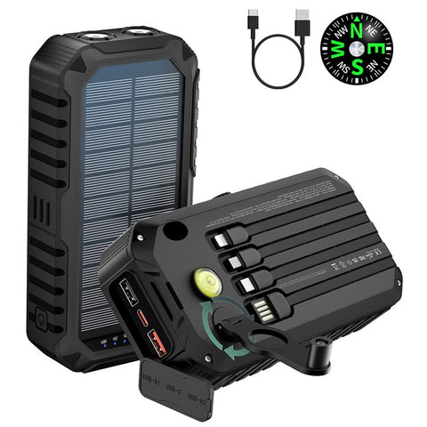 HS-43 Hand Crank Solar Power Bank Built In Cables 20000mAh Portable Charger with Flashlight and Compass