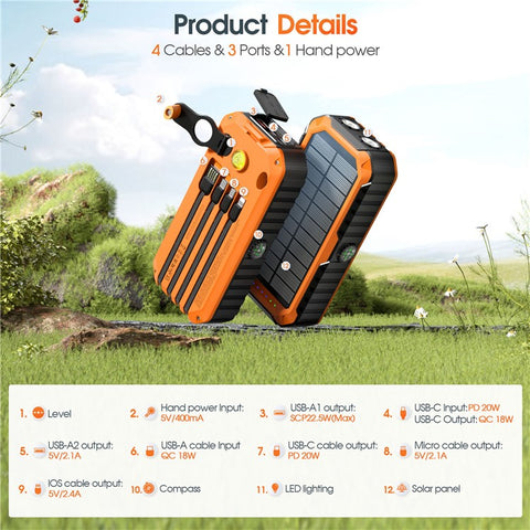 HS-43 Hand Crank Solar Power Bank Built In Cables 20000mAh Portable Charger with Flashlight and Compass