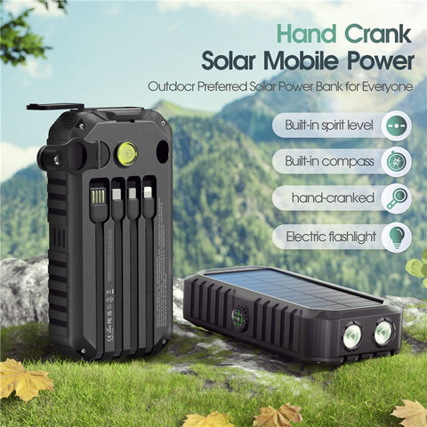HS-43 Hand Crank Solar Power Bank Built In Cables 20000mAh Portable Charger with Flashlight and Compass