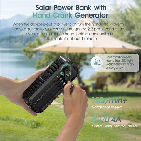 HS-43 Hand Crank Solar Power Bank Built In Cables 20000mAh Portable Charger with Flashlight and Compass