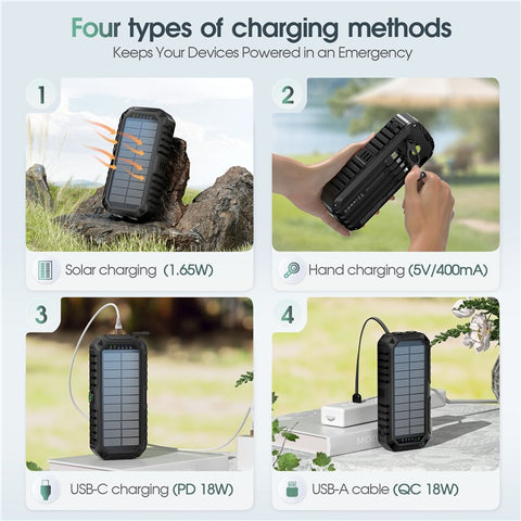 HS-43 Hand Crank Solar Power Bank Built In Cables 20000mAh Portable Charger with Flashlight and Compass