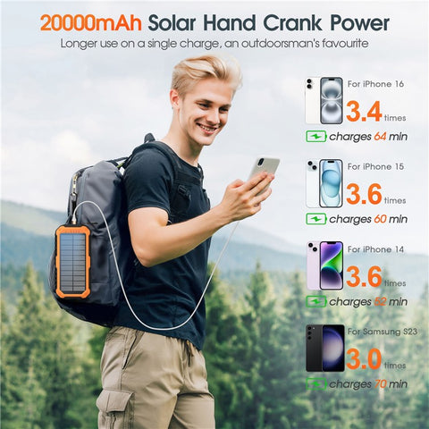 HS-43 Hand Crank Solar Power Bank Built In Cables 20000mAh Portable Charger with Flashlight and Compass
