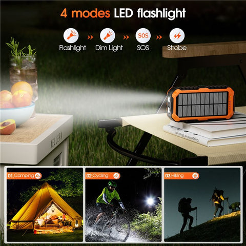 HS-43 Hand Crank Solar Power Bank Built In Cables 20000mAh Portable Charger with Flashlight and Compass