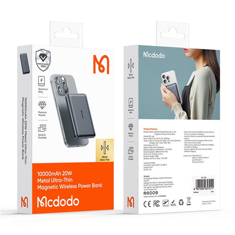 MCDODO MC-4651 20W 10000mAh Power Bank Magnetic Wireless Charging Ultra-Thin Metal Portable Phone Charger