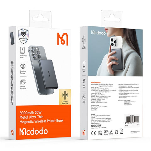 MCDODO MC-4641 5000mAh Metal Ultra-Thin Magnetic Wireless Power Bank 20W Fast Charging USB-C Input / Output