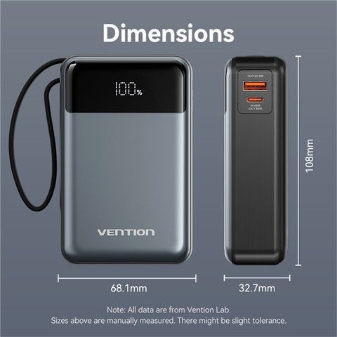 VENTION FHYB0 20000mAh Power Bank Built In Type C Cable 65W Fast Charging Digital Display Portable Charger