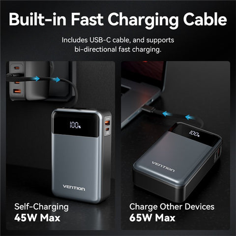 VENTION FHYB0 20000mAh Power Bank Built In Type C Cable 65W Fast Charging Digital Display Portable Charger