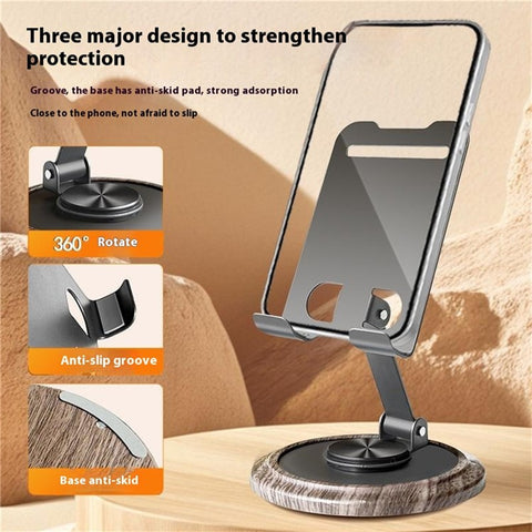 360° Rotating Foldable Phone Stand Desk Holder Wood Grain Base Universal Smartphone Support