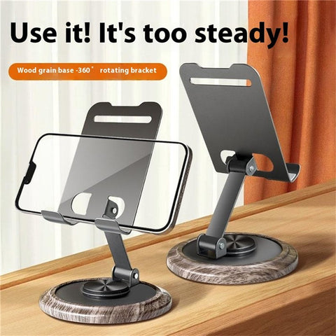 360° Rotating Foldable Phone Stand Desk Holder Wood Grain Base Universal Smartphone Support