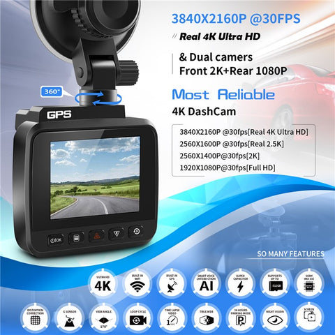 V53 4K Dash Cam Front and Rear Dual Dash Cameras for AZDOME GS63H Recorder Full HD 170° Wide Angle WiFi GPS Backup Camera Supports 128G TF Card