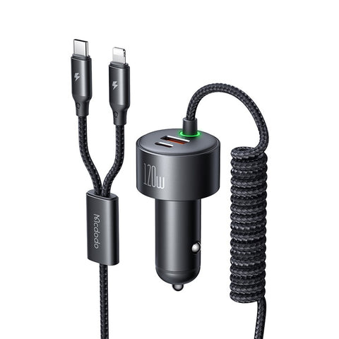 MCDODO CC-037 120W Dual Port Car Charger Fast Charging Spring Cable Charger with USB-C  /  iP Cables