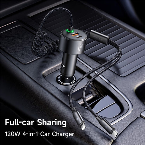 MCDODO CC-037 120W Dual Port Car Charger Fast Charging Spring Cable Charger with USB-C  /  iP Cables