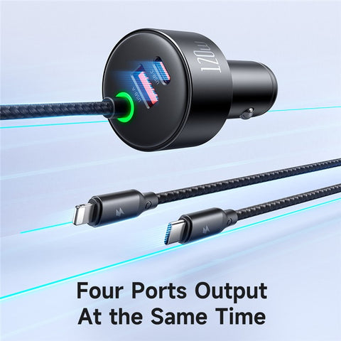 MCDODO CC-037 120W Dual Port Car Charger Fast Charging Spring Cable Charger with USB-C  /  iP Cables
