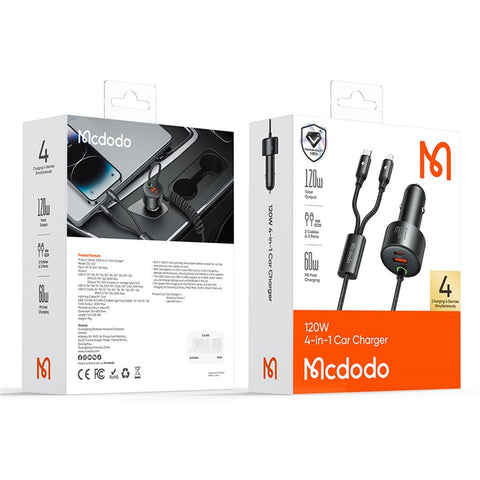 MCDODO CC-037 120W Dual Port Car Charger Fast Charging Spring Cable Charger with USB-C  /  iP Cables