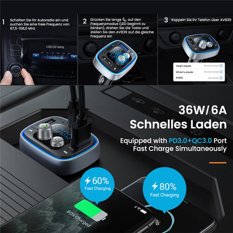 C89S Bluetooth-compatible Car MP3 FM Transmitter Voltage Detection TF U-Disk Music Player PD18W Type-C QC3.0 USB Phone Charger