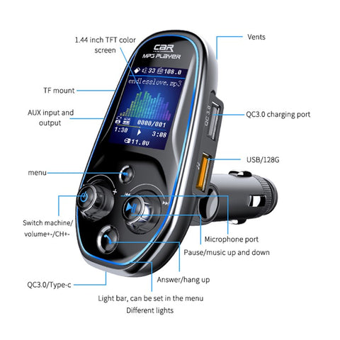 BT29A EQ FM Bluetooth-compatible Transmitter Car MP3 TF/U Disk Player with QC 3.0 + Type-C Fast Charging